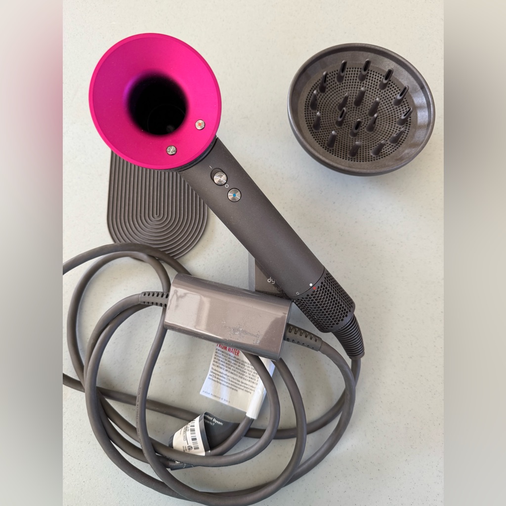 Dyson Hair Dryer In Pink And Iron Gray With Diffuser
